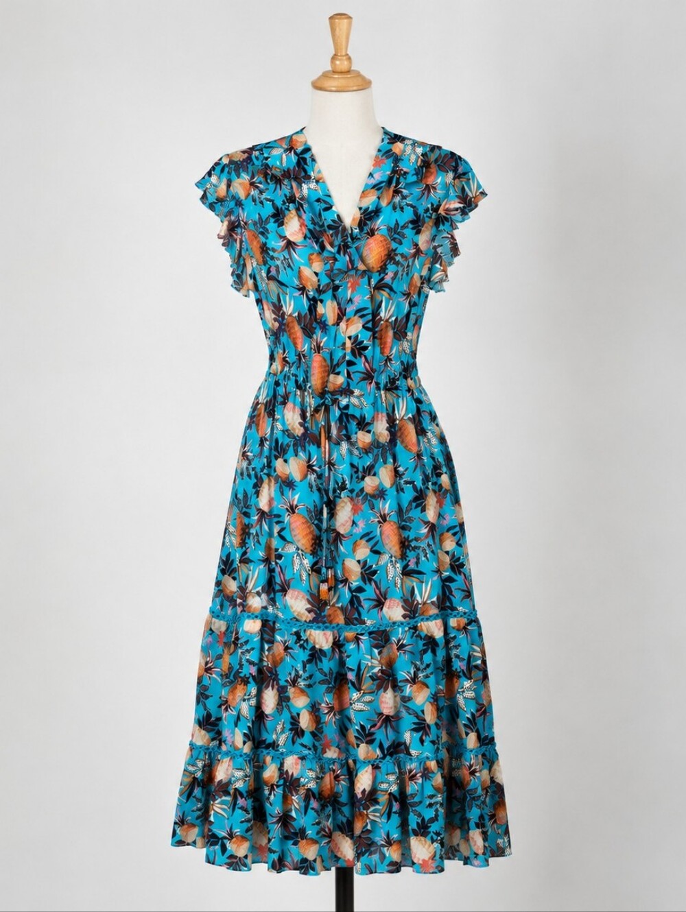 Farm Rio Turquoise Maxi Dress Pineapple Print Tiered Hem Size Small